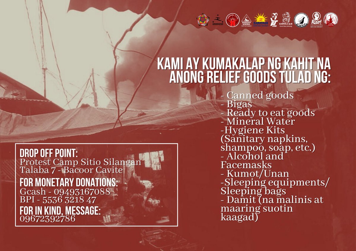 SCMP_CvSU's tweet photo. Para naman sa monetary cash donations maaring magpadala sa mga numero at bangko na ito: 
Gcash - 09493167088 
BPI - 5536 3218 47 
in-kind donations please message: 09672392786 

Maari rin i-share sa inyong mga kakilala na may kakayahang makatulong sa mga nasalanta ng sunog.

2/2 https://t.co/rb1IrTB09d