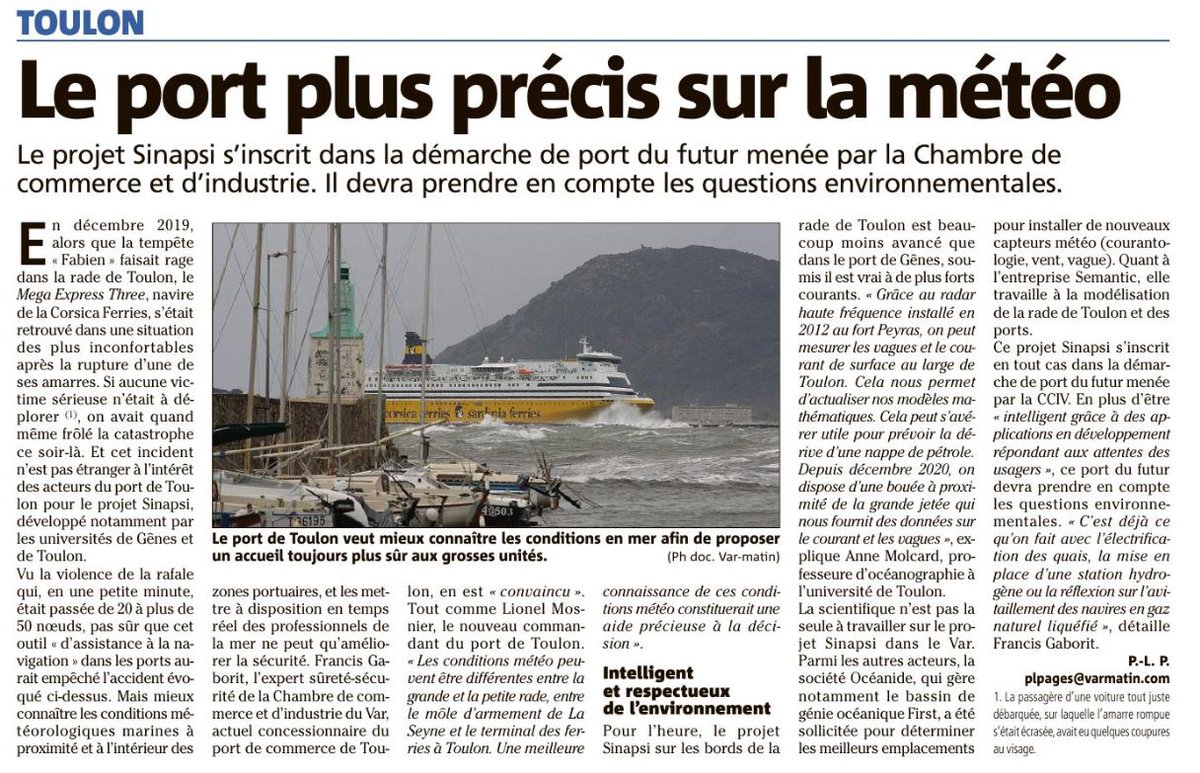 CCIduVar's tweet photo. Article dans @Var_Matin sur le Workshop #SINAPSI organisé par la #CCIduVar et l’Université de Toulon.
Objectif de ce projet @pc_maritime : renforcer la sécurité de la navigation dans les ports en délivrant en temps réel des données sur les conditions météorologiques-marines 🌪⛈ https://t.co/1HQTgPQK62