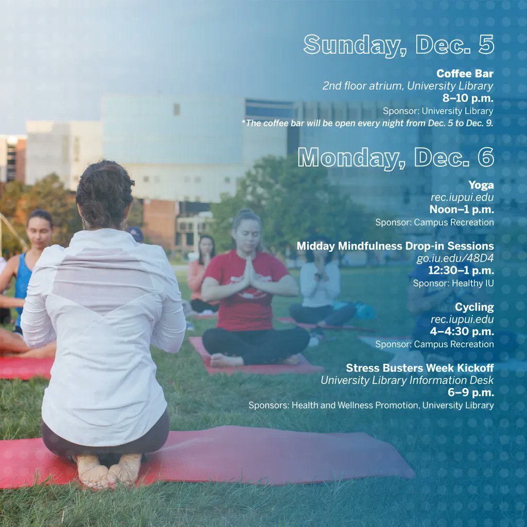 IUPUIwellness's tweet photo. It's Stress Busters Week! Here are the stress-busting activities today. #JagWELL #iupui #StressBustersWeek https://t.co/jRMSeEAmiC