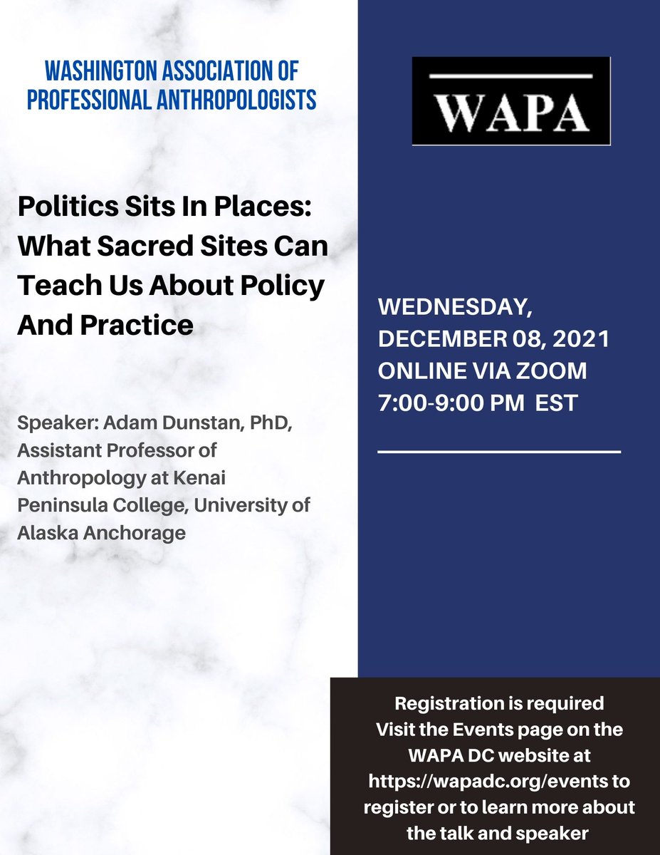 [UPCOMING EVENT]
Join us for our monthly talk this Wednesday, December 08, 2021. 
Click the link to register or to learn more: bit.ly/3EzhhZa

#WAPADCEVENTS #APPLIEDANTHROPOLOGY #ARCHAEOLOGY