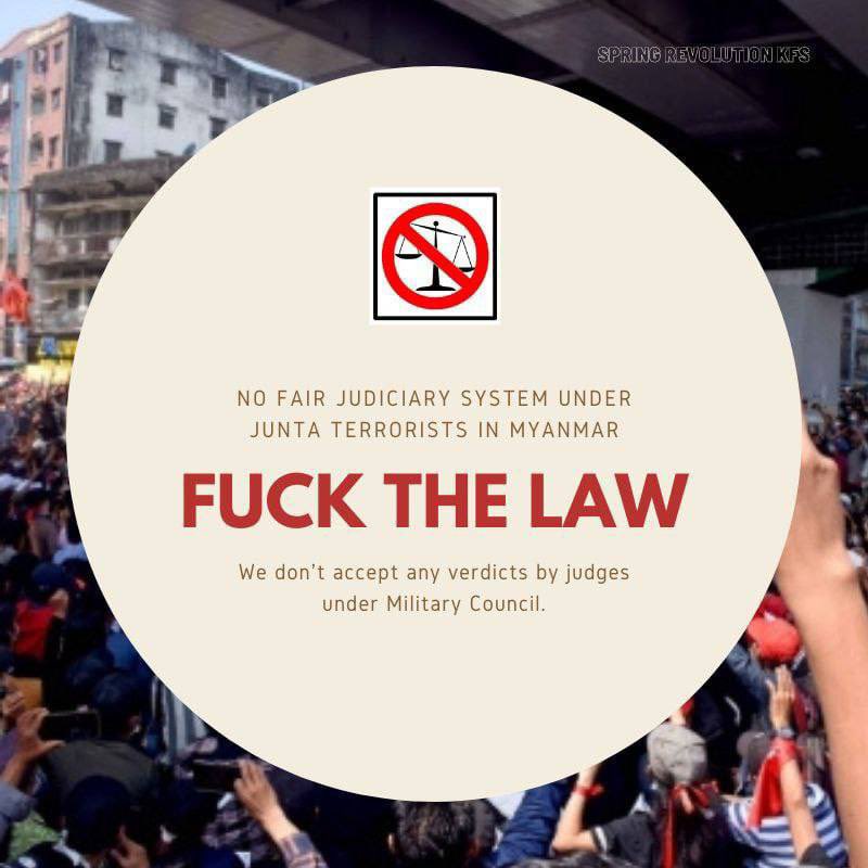2021Revtweets's tweet photo. Terrorists coup,began on Feb 1, was completely unrecognized by the ppl  as a government.The President,state councilor &amp; other gov official members are Unjustly arrested with the state level Unjust sections, injustices and laws that we all myanmar civilians against it.
#FckTheLaw https://t.co/gOyL4i1noL