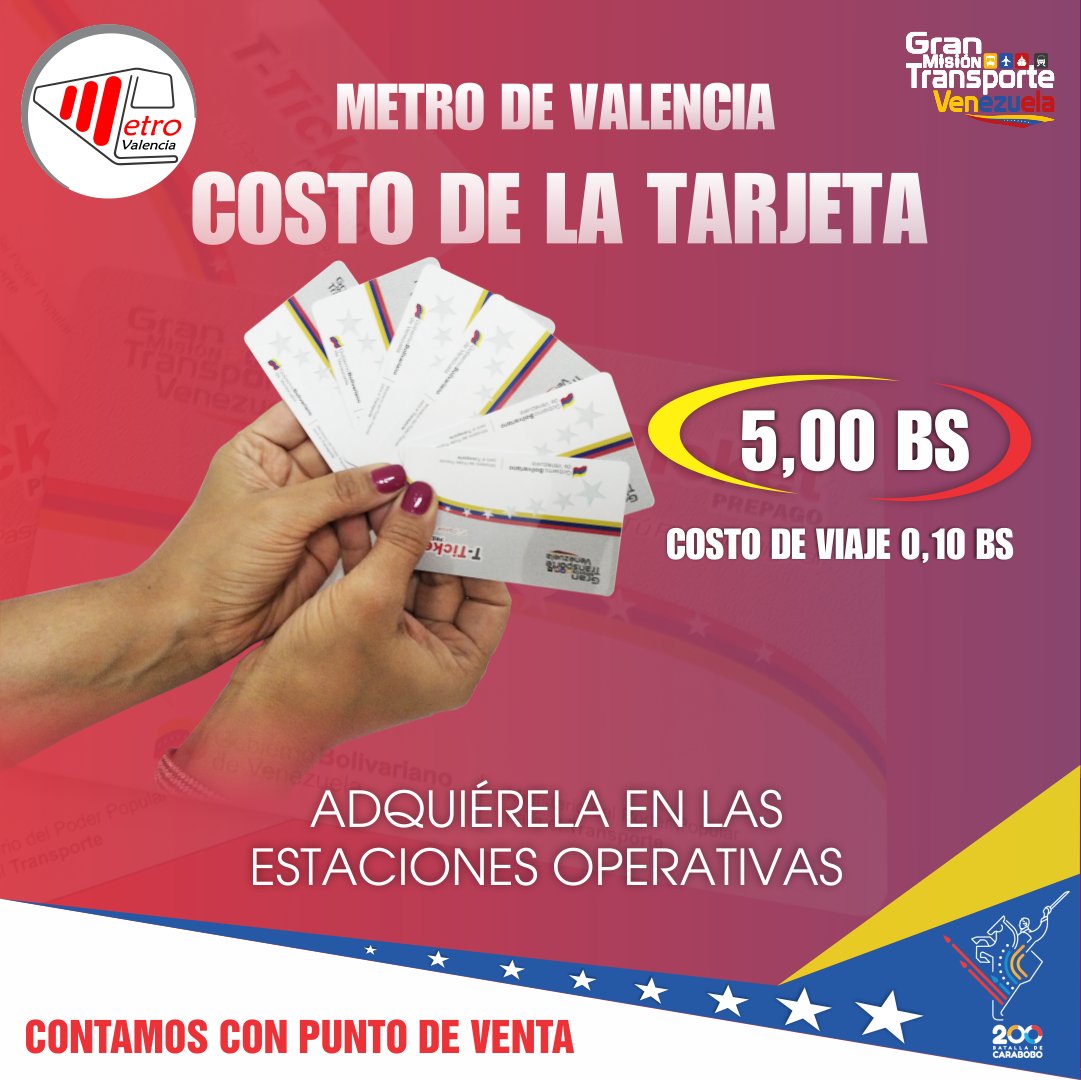 CAMETROVALENCIA's tweet photo. #MetroContigo||Estimados Usuarios @CAMETROVALENCIA te recuerda que debes adquirir tu #TarjetaInteligente para hacer uso de nuestro #SistemaMetro||Puedes comprarla en las diferentes estaciones operativas ¡Trabajamos para ti! 🇻🇪🚇 https://t.co/HCTJBI5hil