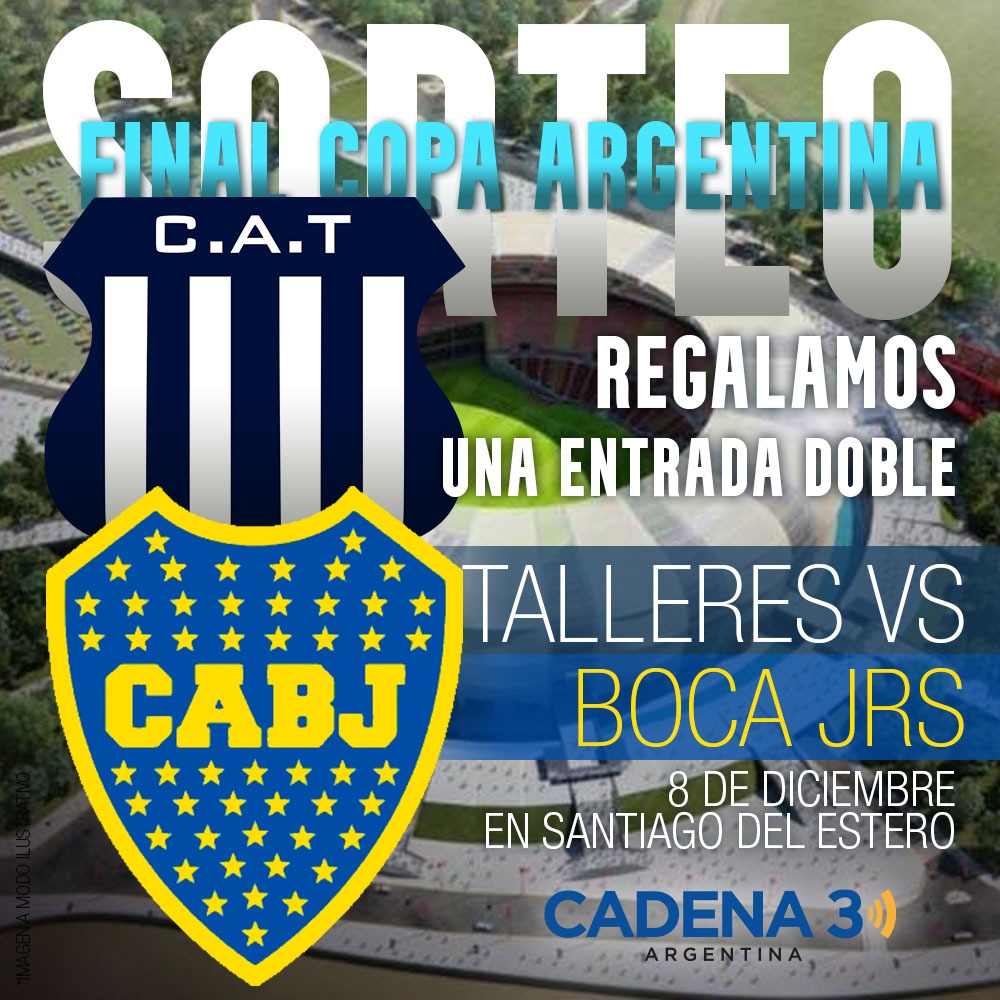 ¡SORTEAMOS ENTRADAS PARA LA FINAL!⚽
Te regalamos una entrada doble para ir a ver TALLERES - BOCA en Santiago del Estero🏆

Para participar de estas plateas para Talleres: tenes que poner #LaFinalEnCadena3, tus datos y hacer RT 🤩

¡Cadena 3 Argentina, la radio más federal! 📻📲