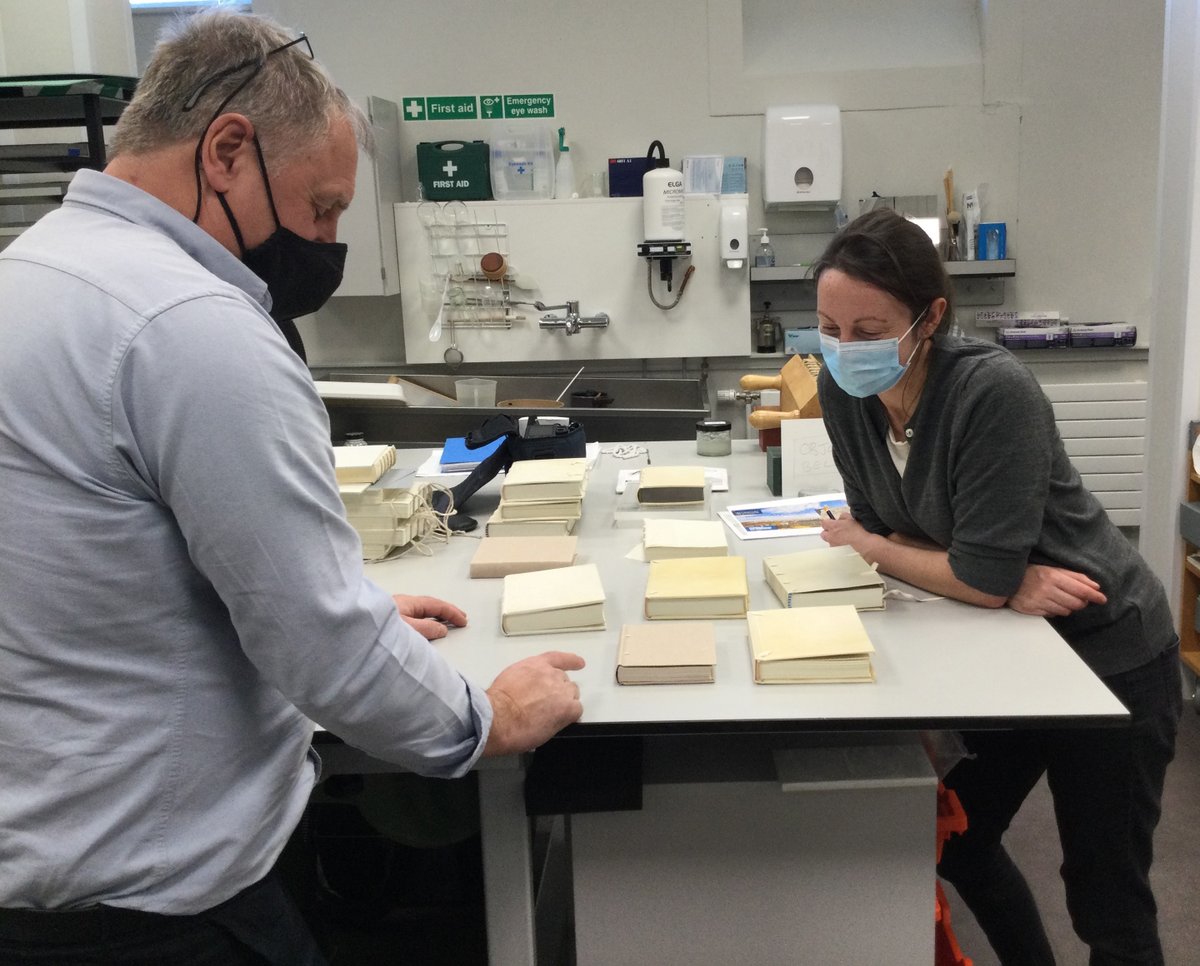 MsHunter242's tweet photo. High excitement in the #ConservationStudio today - @TheNMCT funded mentor John Mumford is BACK! Here in deep & meaningful discussion about final decisions on my new #Binding with @keiramckee before work on my sewing starts. It's going to be quite the week 💪 https://t.co/Z65AkqNL3i