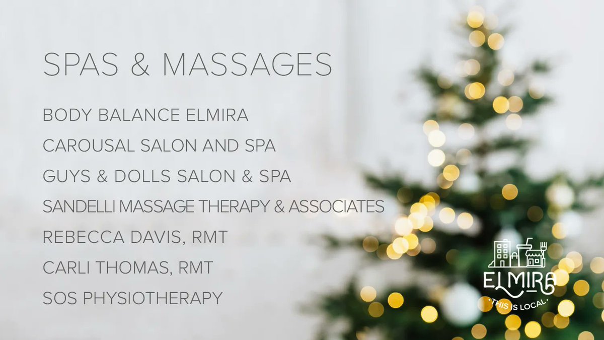 ElmiraBIA's tweet photo. For those that can use a little bit of R&amp;R, pick up a gift certificate from any of our amazing businesses downtown that offer massages and a variety of spa treatments.

#massagetherapy #holidaygiftideas #wellness #elmiraontario #ThisisLocal https://t.co/y57OS76nZa