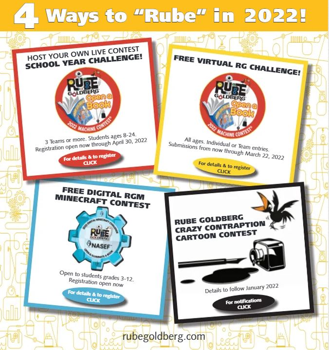 RubeGoldberg's tweet image. 4 ways to compete -- come and join the fun!!! Deadline to enter is March 22, 2022. LINK IN BIO Spread the word! 📚📖
.
.
.
#rubegoldbergmachine #stemdeducation #stemactivitiesforkids #openabook #minecraft #cartoonchallenge #stem #rubegoldberg @dailystem