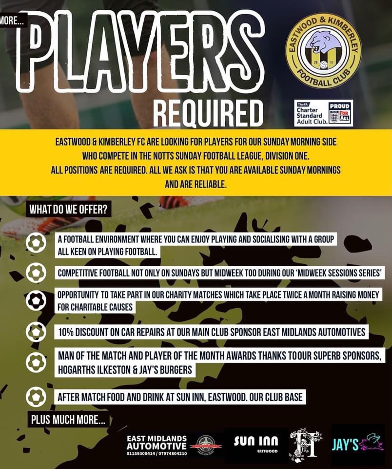 2 weeks to find players or bust for our Sunday side <a href="/NottsFA/">Nottinghamshire FA ⚽️</a> please help <a href="/EnKFCofficial/">Eastwood & Kimberley FC</a>
