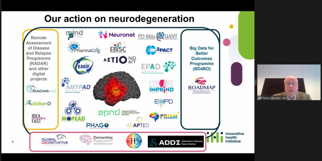 CindyBirck's tweet photo. Great to hear Pierre Meulien highlighting the data sharing principles in @IMI_JU projects and introducing the new @imi_epnd project, aiming to build a collaborative platform for data and biosample sharing.
@WorldDementia Summit 2021 https://t.co/luE9XFdUm9