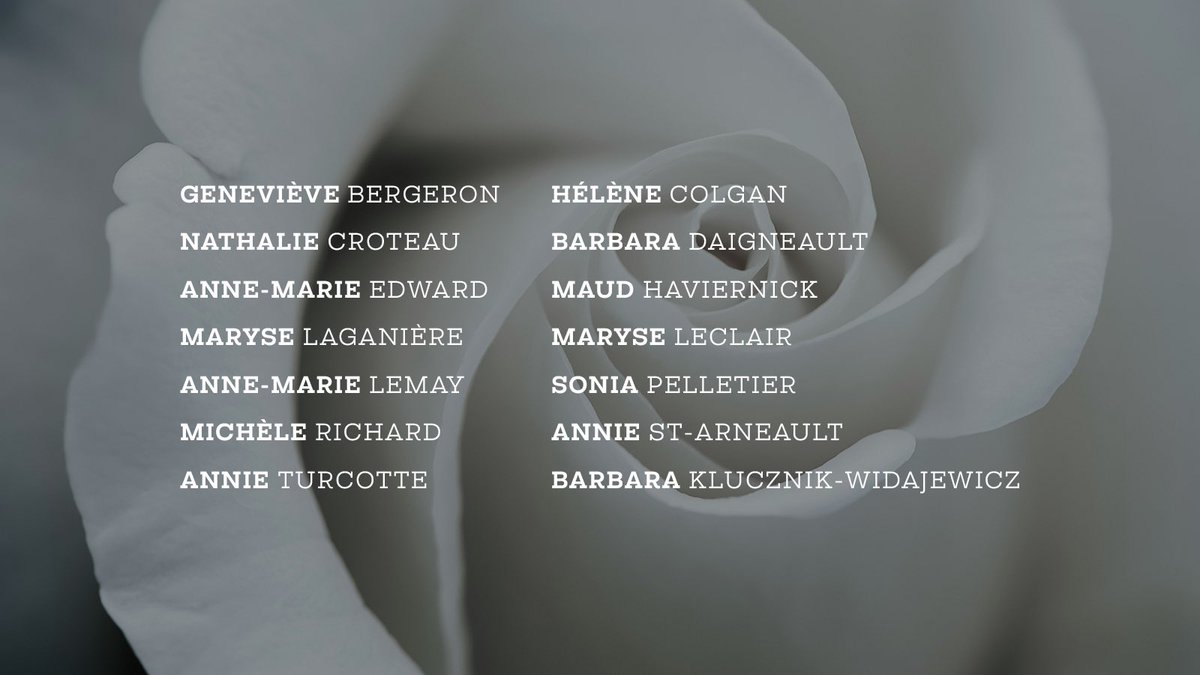 JustinTrudeau's tweet photo. Elles étaient fortes et intelligentes. Des femmes assassinées en raison de leur sexe. La violence fondée sur le sexe doit disparaître. Rendons hommage à ces 14 femmes et mettons tout en œuvre pour mettre fin à cette violence pour de bon. https://t.co/TuqZV8ZYhe https://t.co/PJo0RRL7fe
