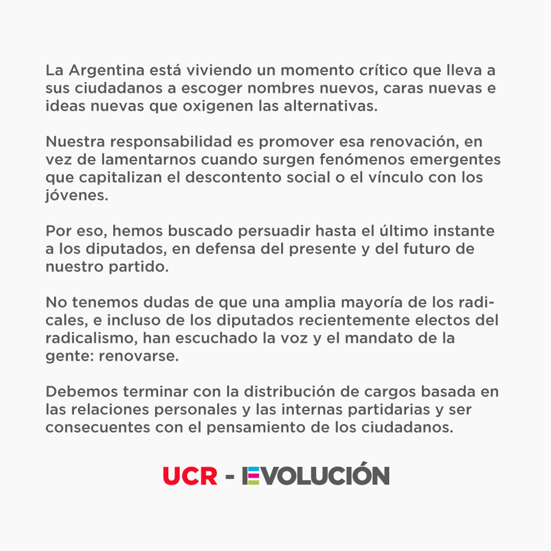 UCRCapital's tweet photo. La renovación radical plantea un bloque propio en la Cámara de Diputados, dentro de Juntos por el Cambio, encabezado por @rodrigodeloredo https://t.co/G1r3C2F92W
