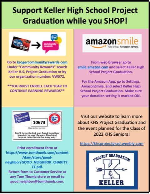 Keller_PG's tweet photo. Support While You Shop! ✳️
KHS Project Graduation offers you numerous ways to help raise funds that will allow us to provide a fabulous event for our students after graduation! See the flyer for details for AmazonSmile, Kroger, and Tom Thumb. https://t.co/f7le34pmOs