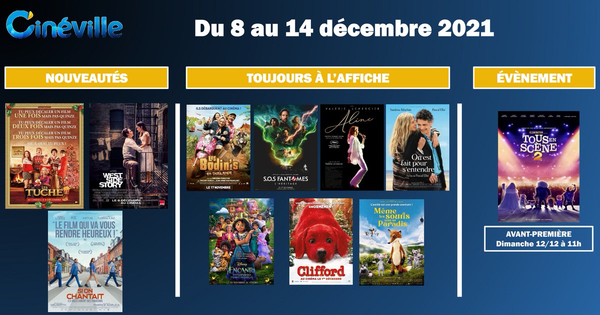 ⭕ 𝐒𝐨𝐫𝐭𝐢𝐞𝐬 𝐜𝐢𝐧é 𝐝𝐮 𝐦𝐞𝐫𝐜𝐫𝐞𝐝𝐢 𝟖 𝐝é𝐜𝐞𝐦𝐛𝐫𝐞 :

➡️ LES TUCHE 4
➡️ WEST SIDE STORY
➡️ SI ON CHANTAIT (Rattrapage)
➡️ TOUS EN SCENE 2 (Avant-première, dimanche 12/12 à 11h)

⭕ Retrouvez tous les horaires sur les-ponts-de-ce.cineville.fr