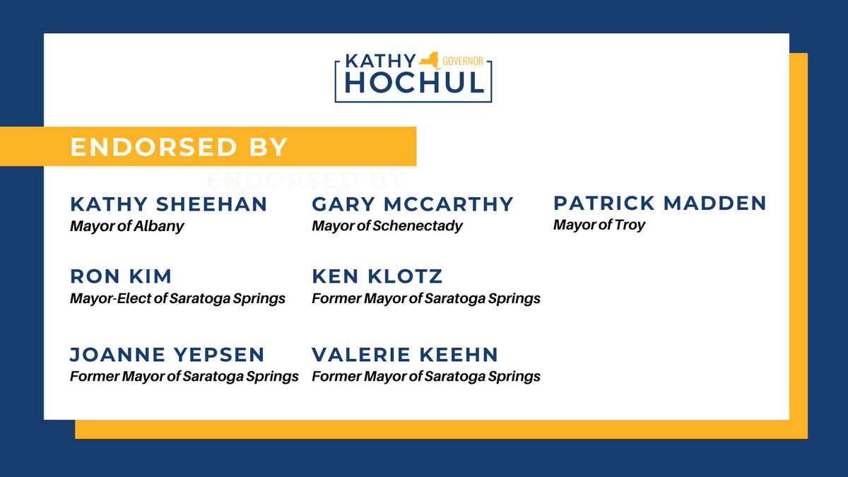 Today, I'm proud to announce that seven mayors from our Capital Region have endorsed my campaign for governor.

These leaders show us every day what it means to stand up for community values. Glad to be working with them to create a brighter future for every New Yorker.