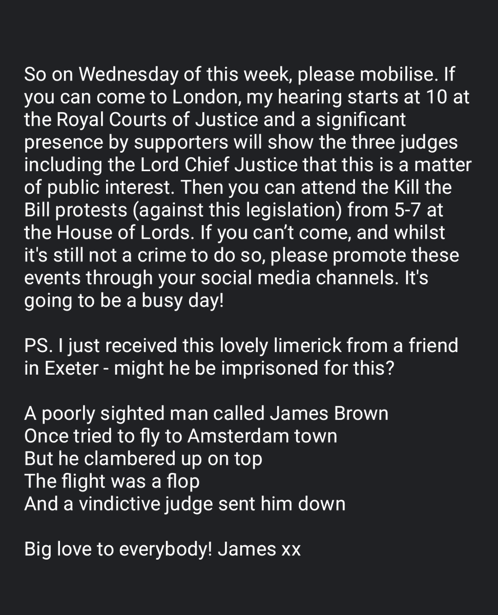 alicebr47249832's tweet photo. Latest dictation from James Brown.. could it be the last?!
Wednesday 8th December:
10am James Brown's appeal at Royal Courts of Justice, please show up outside
5pm @killthebill_1 outside House of Lords
#KillTheBill
Please DM for text version of these pictures. 🔥💚 https://t.co/NlRod72sCy