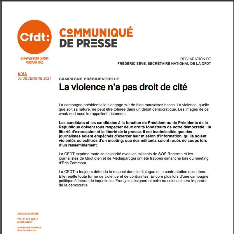 LaurentBerger44's tweet photo. Les violences qui ont émaillé le meeting d'Eric #Zemmour hier sont intolérables. La CFDT, sans aucune ambiguïté, s'engagera toujours pour les libertés d'expression et d'information @SOS_Racisme @Mediapart @Qofficiel https://t.co/ycuKnfw86B