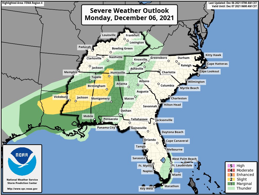 NWS's tweet photo. An active morning across the south with continue into this afternoon with the possibility of severe weather, including tornadoes.  Follow your local forecast office for the latest updates via social media

https://t.co/GWrG0hTRHN https://t.co/kEeVZMPeR8