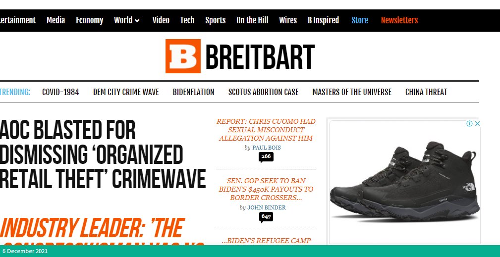 Aushiker 🐶🐾🦋 (@aushiker) on Twitter photo Hello, <a href="/thenorthface/">The North Face</a> your advertising is appearing on Breitbart, a well-known anti-vax/climate science denial website and source of misinformation. I hope you will have a chat with your media buyer to fix this. cc @Slpng_giants_oz <a href="/SFMisinfo/">Stop Funding Misinformation</a> <a href="/StopFundingHate/">Stop Funding Hate</a> Hello, <a href="/thenorthface/">The North Face</a> your advertising is appearing on Breitbart, a well-known anti-vax/climate science denial website and source of misinformation. I hope you will have a chat with your media buyer to fix this. cc @Slpng_giants_oz <a href="/SFMisinfo/">Stop Funding Misinformation</a> <a href="/StopFundingHate/">Stop Funding Hate</a>