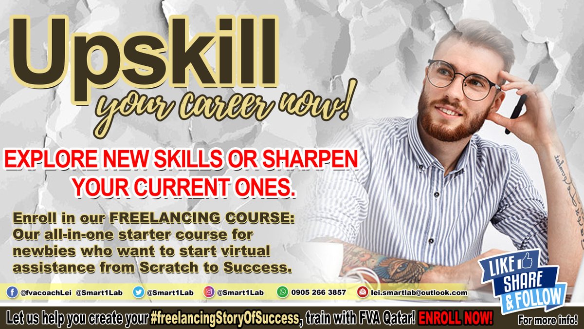 SmartLearninLab's tweet image. NEVER STOP LEARNING, BECAUSE LIFE NEVER STOPS TEACHING!

Let us help you create your #freelancinStoryOfSuccess, train with FVA Qatar!

#WFH #OnlineJobs #FVAQatar #SmartLearningLab #OnlineCourse #Freelancing #virtualassistant #Freelancing
#fvastudenthired
#surge #Qatar #OFW