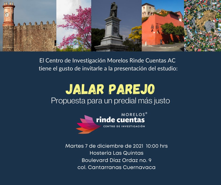 RindeCuentasMor's tweet photo. Presentación del estudio "Jalar Parejo, propuesta para un predial más justo"
🗓️Martes 7 de diciembre
Registro en: https://t.co/nmZ32CrmsD https://t.co/h1kXpQ8FnX