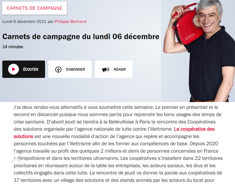 On parle de la rencontre "Coopérative des Solutions" du 9 décembre 2021 dans les carnets de campagne ce jour <a href="/franceinter/">France Inter</a> 
franceinter.fr/emissions/carn… Merci à Philippe Bertrand et son équipe. Rencontre ANLCI avec soutien <a href="/FSE_nat/">Fonds social européen +</a>