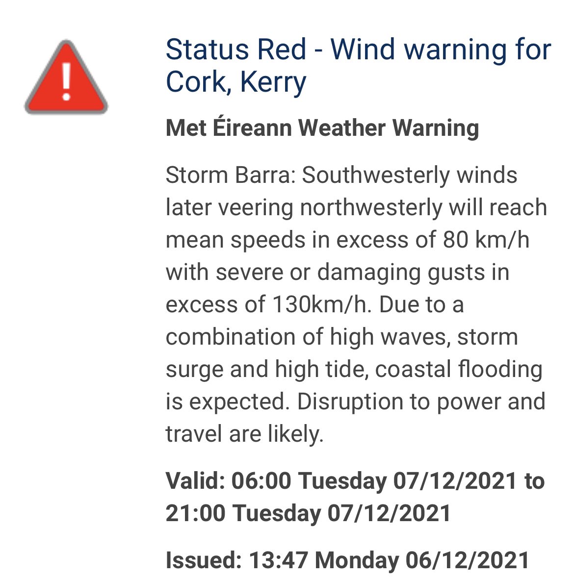 RED ALERT - now issued for counties Kerry &amp; Cork ahead of Storm Barra on Tuesday. Dangerous severe winds - disruption and damage likely. #StormBarra
