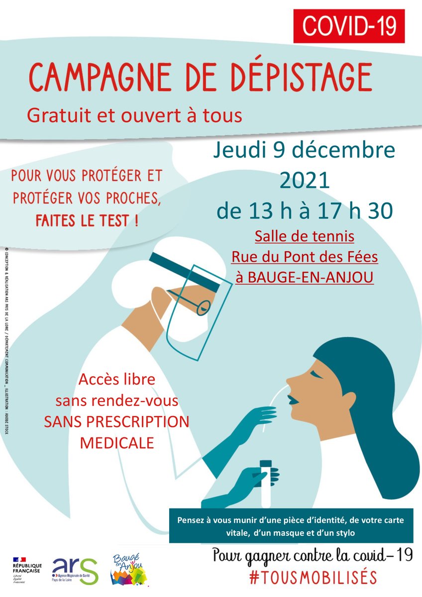 baugeenanjou's tweet photo. [CAMPAGNE DE DÉPISTAGE COVID-19]
L’@ars_pdl  et @baugeenanjou organisent une campagne de dépistage, ce jeudi 9 décembre, de 13h à 17h30, salle de tennis, rue du Pont des Fées à Baugé. Plus d'infos ici : https://t.co/U7NOYDy8QP https://t.co/2bQkN7gfg3