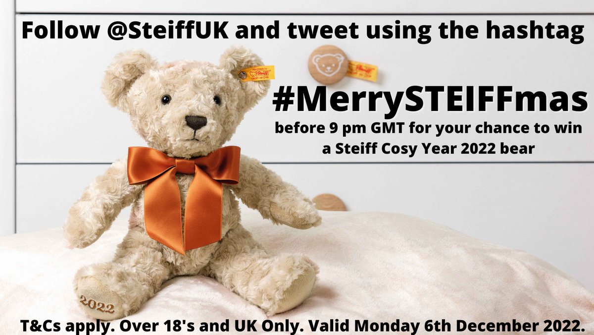 Follow @steiffUK and join the conversation today between 8pm and 9pm GMT using #MerrySTEIFFmas for your chance to win a Steiff Cosy Year 2022 bear UK &amp; Over 18s only T&amp;Cs here bit.ly/3lqyXyk
