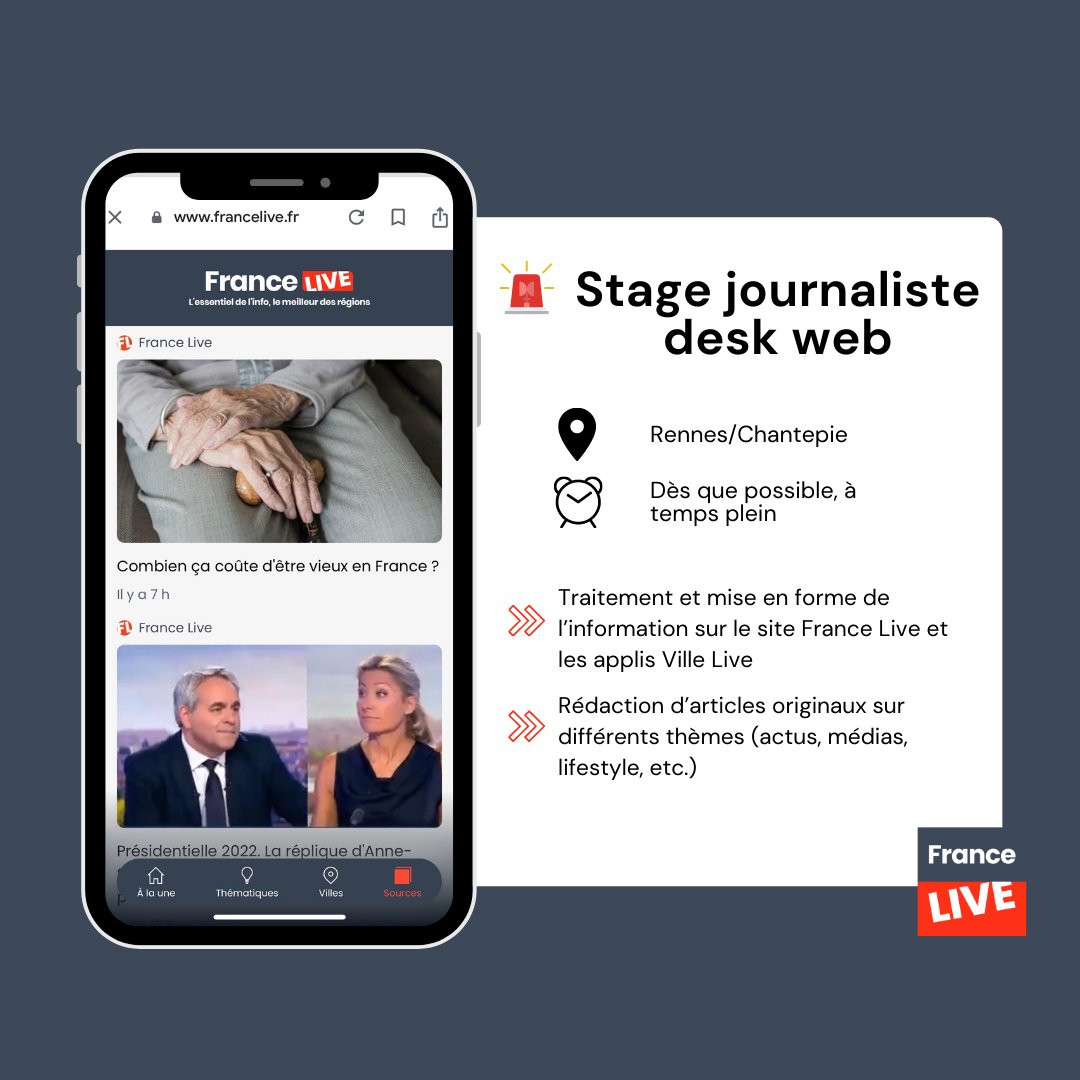 🚨 #Stage #journalisme à Rennes 🚨

Nous recherchons un(e) stagiaire conventionné(e) :
📰 Vous étudiez en école de journalisme et êtes reconnu(e) pour les qualités suivantes :
➡️ Rigueur
➡️ Esprit d’initiative
➡️ Excellente orthographe

👏 Rejoignez-nous ! linkedin.com/jobs/view/2825…