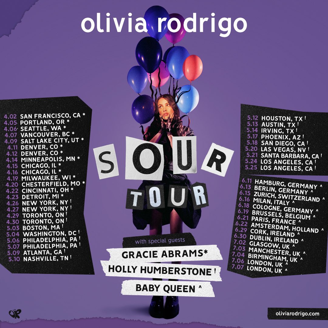 SOUR TOUR IS FINALLY HAPPENING!!! with angels @gracieabrams @HolHumberstone and @babyqueen!! tix on sale Friday!!!!💗🎸💜🌈