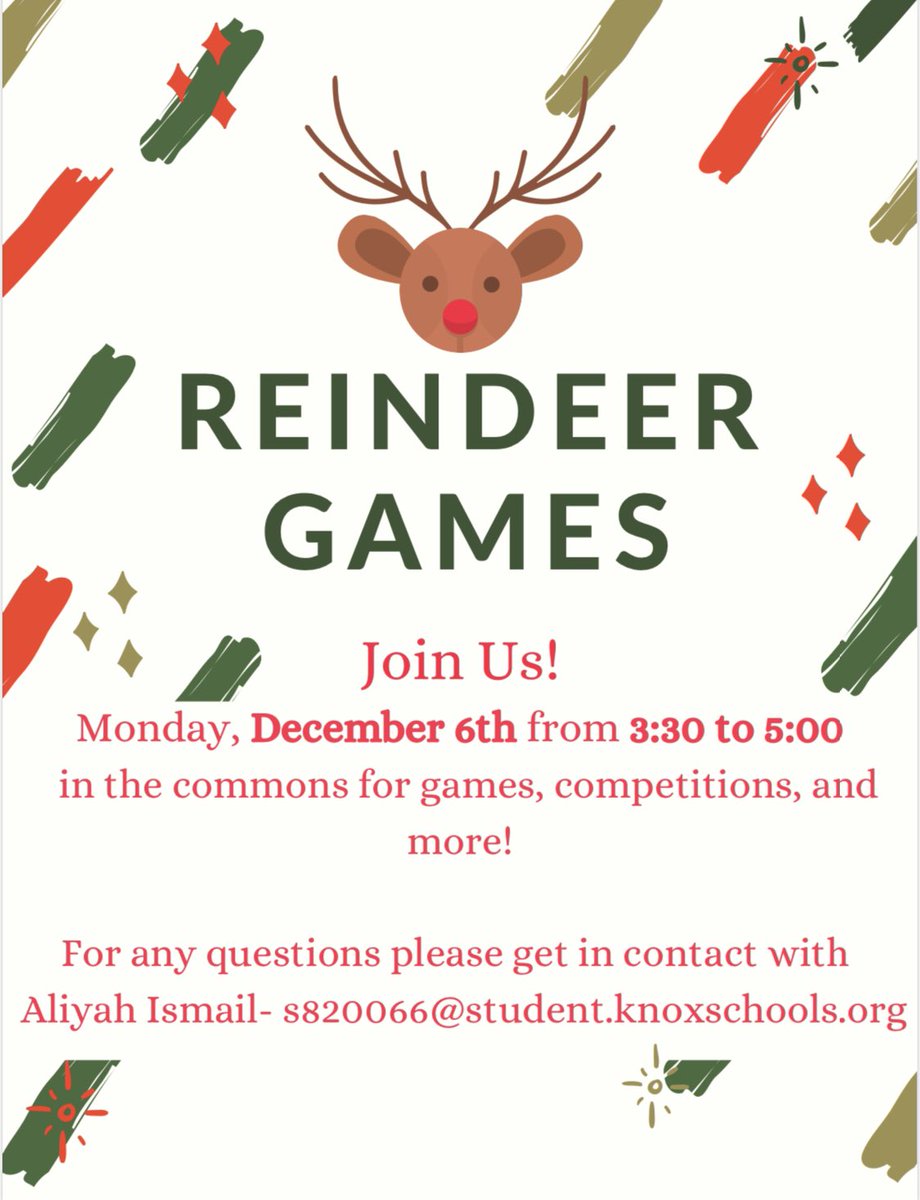 💚Our Reindeer Games are today from 3:30 - 5:00 in the commons! Bring some holiday spirit and come have fun with us!❤️