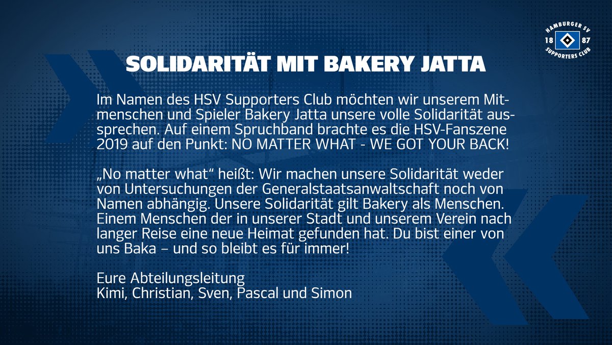 hsv_sc's tweet photo. Solidarität mit unserem Spieler und Mitmenschen Bakery #Jatta 🔷

#nurderHSV https://t.co/oL6lmuzdFi