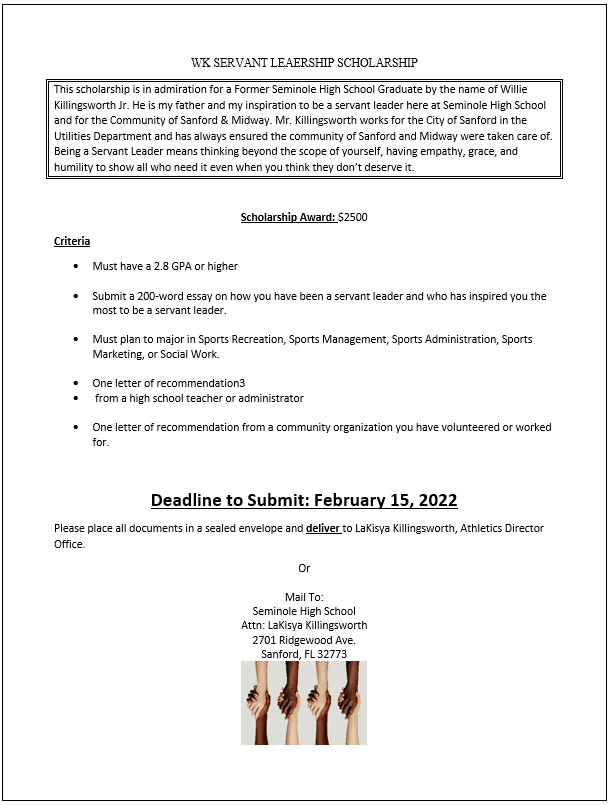 Lakisya Killingsworth (@ap_lnpride) on Twitter photo 📚Scholarship Opportunity📚
It is my honor to present a scholarship in my Father's name. Nole Nation get you applications in! <a href="/shsnoles/">Seminole High School</a> <a href="/NolesShs/">bokeycheerleading</a> @SHS_LadyNolesBB @NoleAquatics <a href="/Shslead/">Noles Leadership</a> @SSNolesFootball <a href="/bokeybaseball/">Seminole High School Baseball</a> <a href="/BokeyVolleyball/">Seminole Volleyball🏐</a> <a href="/KeigerTom/">Tom Keiger</a> <a href="/SanSemAthletics/">Seminole High School Athletics (Sanford)</a> <a href="/Woody_Cox/">Woody Cox</a> 📚Scholarship Opportunity📚
It is my honor to present a scholarship in my Father's name. Nole Nation get you applications in! <a href="/shsnoles/">Seminole High School</a> <a href="/NolesShs/">bokeycheerleading</a> @SHS_LadyNolesBB @NoleAquatics <a href="/Shslead/">Noles Leadership</a> @SSNolesFootball <a href="/bokeybaseball/">Seminole High School Baseball</a> <a href="/BokeyVolleyball/">Seminole Volleyball🏐</a> <a href="/KeigerTom/">Tom Keiger</a> <a href="/SanSemAthletics/">Seminole High School Athletics (Sanford)</a> <a href="/Woody_Cox/">Woody Cox</a>