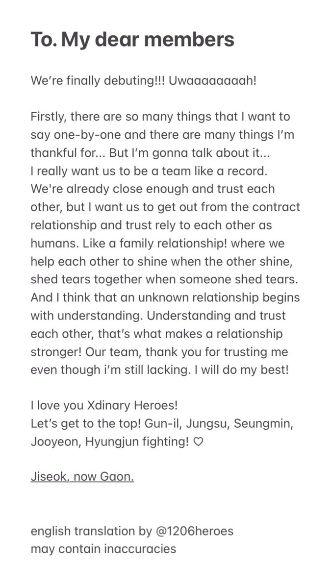 1206heroes's tweet photo. [ENG] 

📩To. Xdinary Heroes
From. #가온 #Gaon 

Gun-il, Jungsu, Seungmin, Jooyeon, Hyungjun fighting! ♡

#XdinaryHeroes https://t.co/87mgYdhmhM
