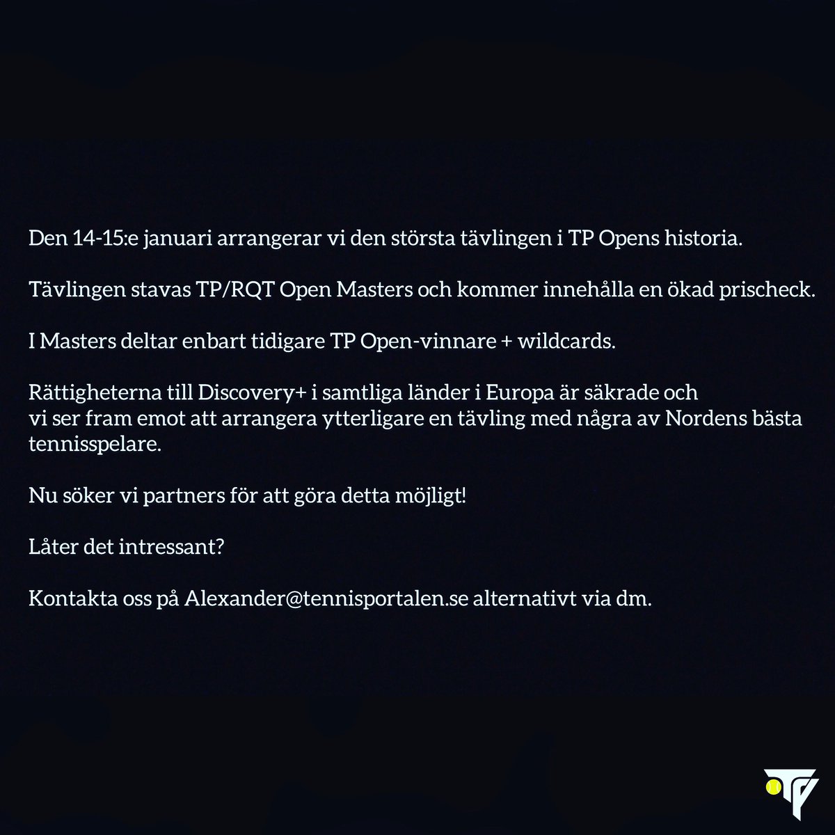 tennisportalen's tweet image. Nu söker vi partners inför den största tävlingen i TP Opens historia! 

⚡️