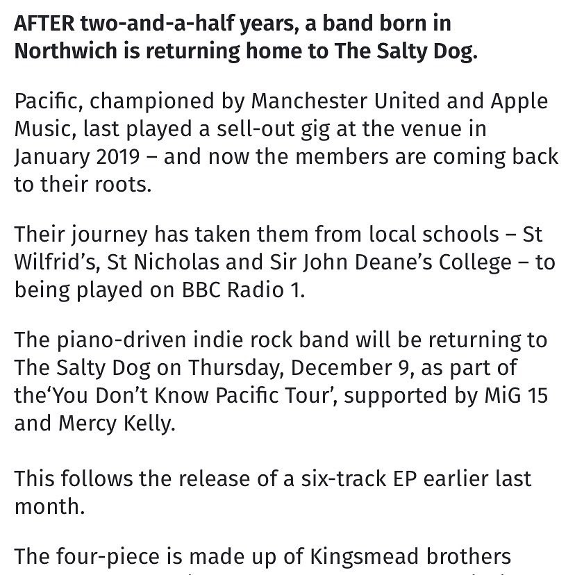 pacificofficial's tweet image. Read all about it! 🗞 Big love to @NorthwichNews &amp;amp; @JessicaFWG for the beaut write-up on our gig this Thurs night at @saltydogpub 🖤 Can’t wait to bring our #youdontknowpacific tour to the homeland!! 🛸

GRAB TICKETS NOW 👉 bit.ly/3xVnFY4