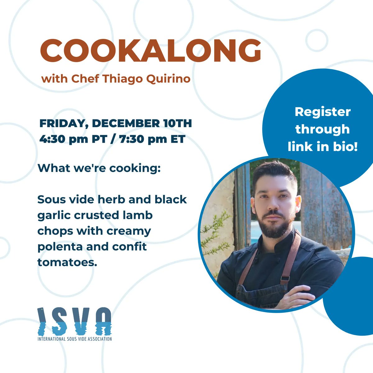 theISVA's tweet photo. Join us Friday for a delicious live cookalong dinner with Chef Thiago Quirino from Robusto Food House! He'll be showing you how to make delicious herb and black garlic crusted sous vide lamb chops with creamy polenta and confit tomatoes. Sign up at https://t.co/RzKHQmwDNZ! https://t.co/UKp4fyLrWC