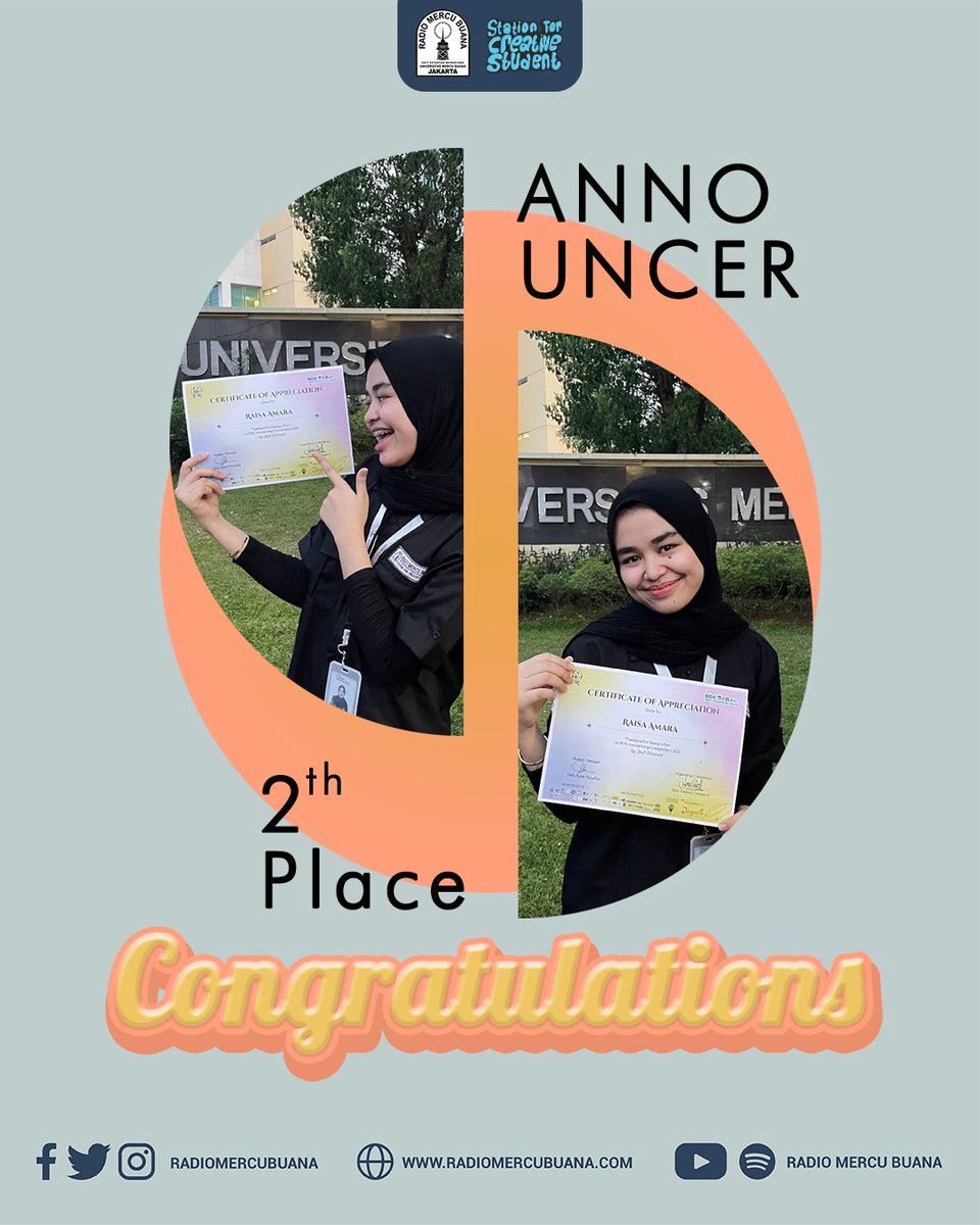 RadioMercuBuana's tweet photo. Selamat dan sukses kepada Raisa Amara karena telah menyabet posisi juara kedua dalam acara "Radio Announcing Competition" yang diselenggarakan oleh RDK FM (@RDKFM). 🏆🤵‍♀️✨
#RadioMercuBuana #StationForCreativeStudent https://t.co/3zQj78YcRN