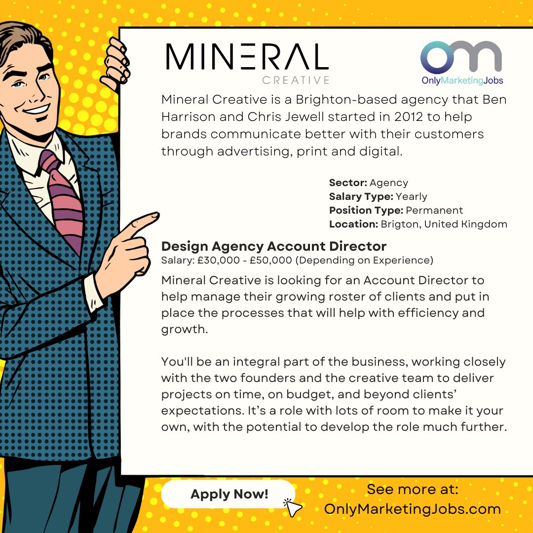 onlymarketing's tweet photo. Could this be the opportunity you've been looking for?

Mineral Creative is a design and advertising agency.

They are looking for a 'Design Agency Account Director' based in Brighton.

See more here:
https://t.co/ruiFMctZ11

#opportunity #digital https://t.co/AsJM0xW0YA
