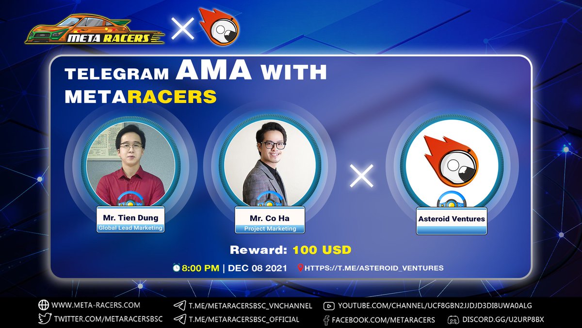 tarankaaa_dasha's tweet photo. 🎉 AMA ANNOUNCEMENT METARACERS x ASTEROID VENTURES 🎉
📢 Join us in another AMA with Asteroid Ventures to have a clearer view of the project.
⏰ 1:00 PM UTC (GMT +7) on December 8th, 2021
More details: https://t.co/dfWbv2JF3s https://t.co/0dys3CMuFj