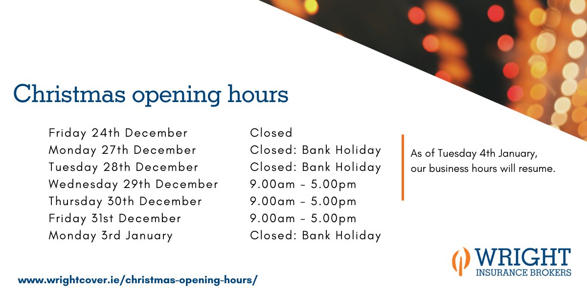 WrightIns's tweet photo. Please find our opening hours for your convenience throughout Christmas and the new year.
 
https://t.co/no6e0TCX3k

#Christmasopeninghours https://t.co/BGtme52bWA