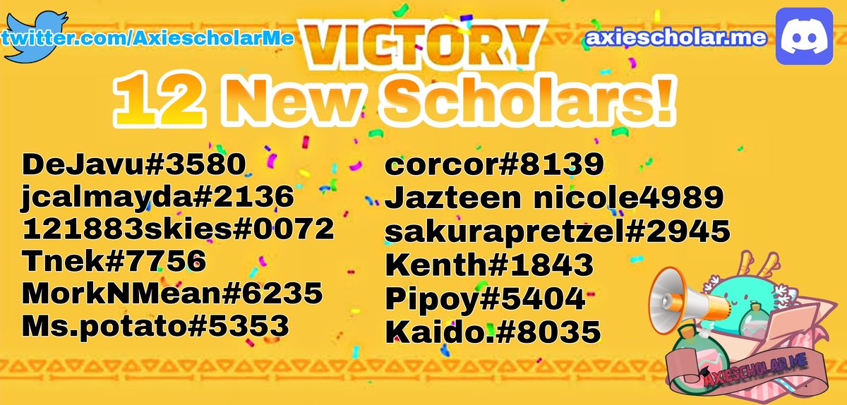 MetaverseSCH's tweet photo. Congratulations to our new scholars! #AxieScholarship #AxieScholar #AxieInfinity https://t.co/rWdDWClAig