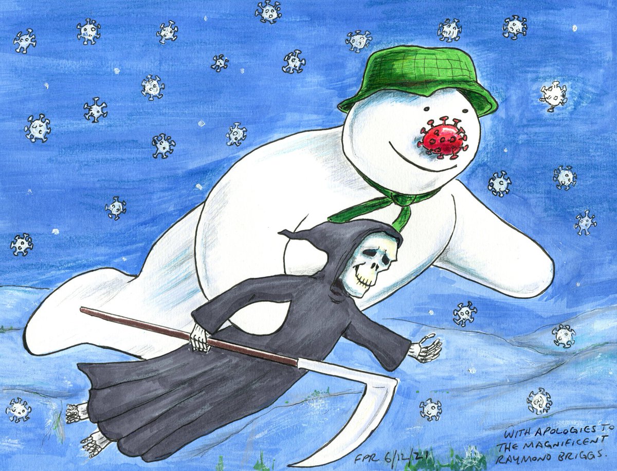 MagwitchC's tweet photo. Here's my effort for @MartinRowson's #drawomicron challenge. Apologies, of course to the great Raymond Briggs. https://t.co/BlzSwt1i3R
