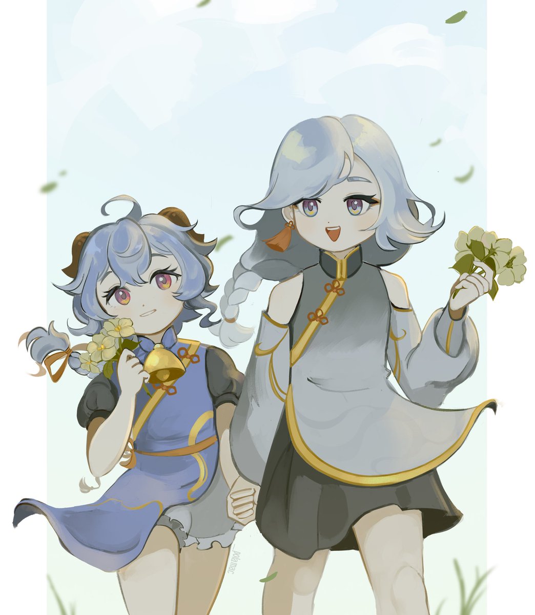 ganyu (genshin impact) ,shenhe (genshin impact) multiple girls 2girls holding hands horns flower bell smile  illustration images