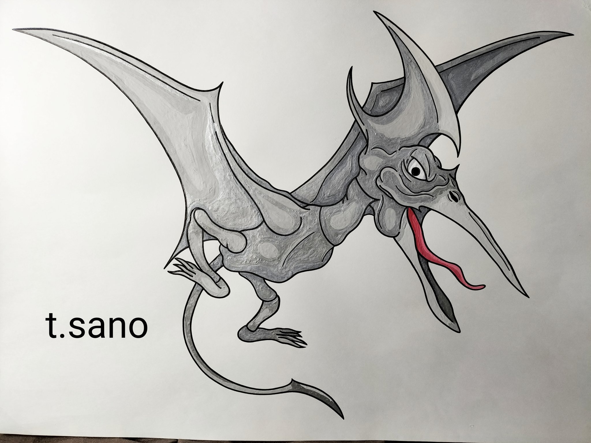 モンスターメーカー No 712 アルミノドン 死霊使いが古の翼竜を鳥の体を使ってアルミニウムに近い素材で再現 尾の先と鶏冠のような部分の刃物で何度も切りつけてくる イラスト アナログイラスト アクリル絵具 モンスター 怪物 翼竜 プテラノドン