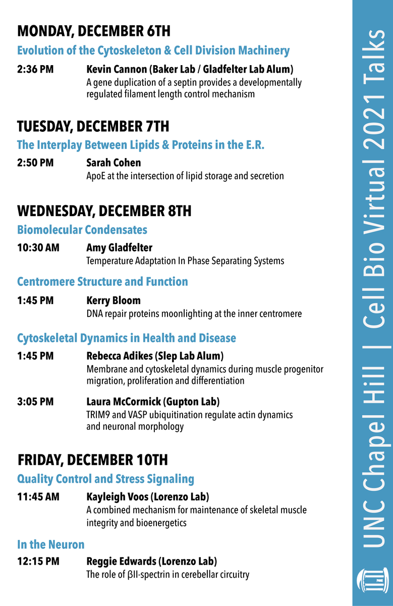 CytoskeletonUNC's tweet photo. UNC Chapel Hill is ready for #CellBio2021! 

Be sure to check out these great talks from the Cytoskeleton Club &amp; friends! https://t.co/dt5FECN0H4