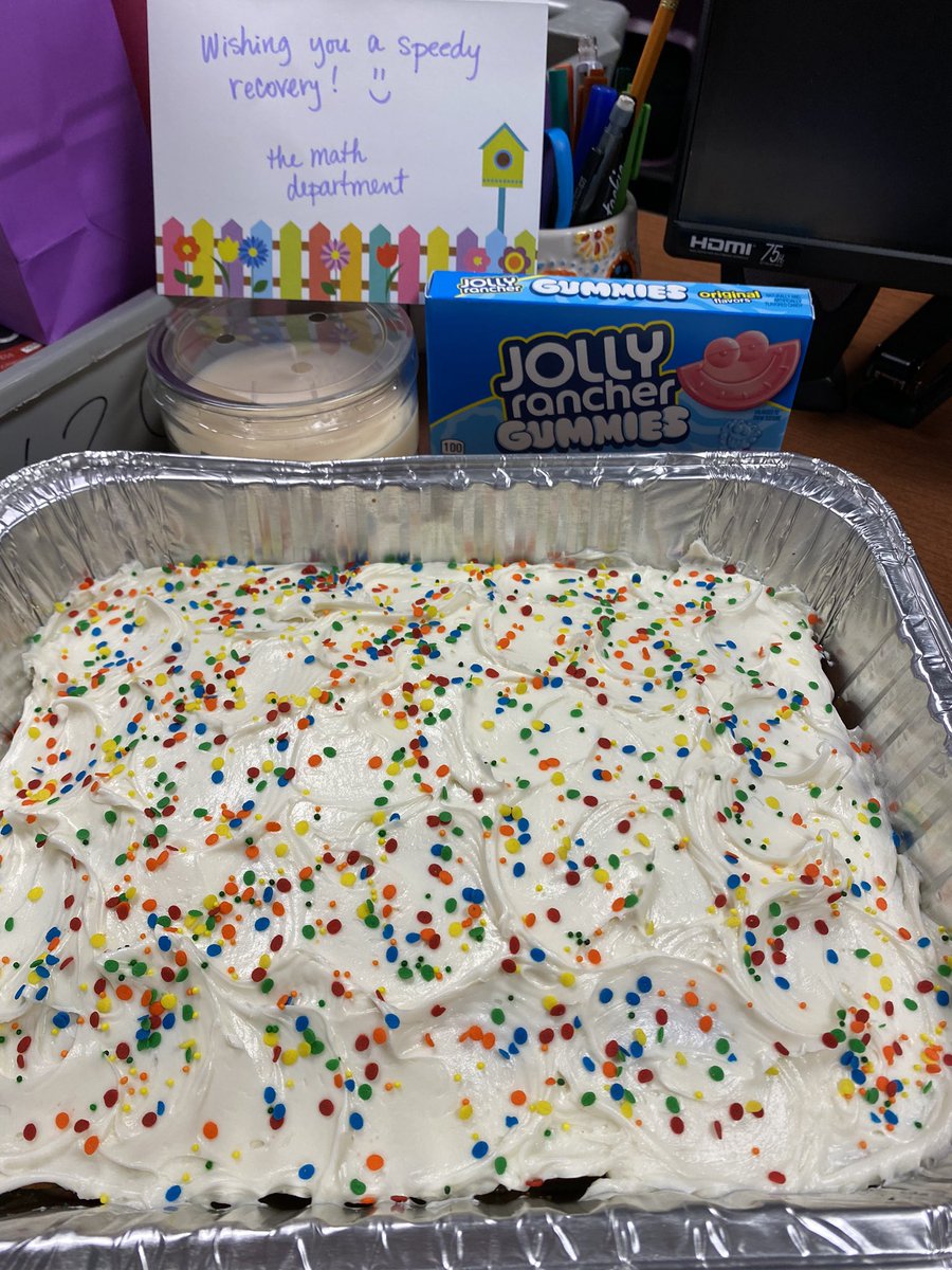 SHoytCS's tweet photo. Had some minor surgery last week and came in today to this. I am not even “officially” in the math department anymore but they treat me like I still am. I love my school. 💗#funfetticake @MRHSMavericks https://t.co/Cr3ajj8VTr