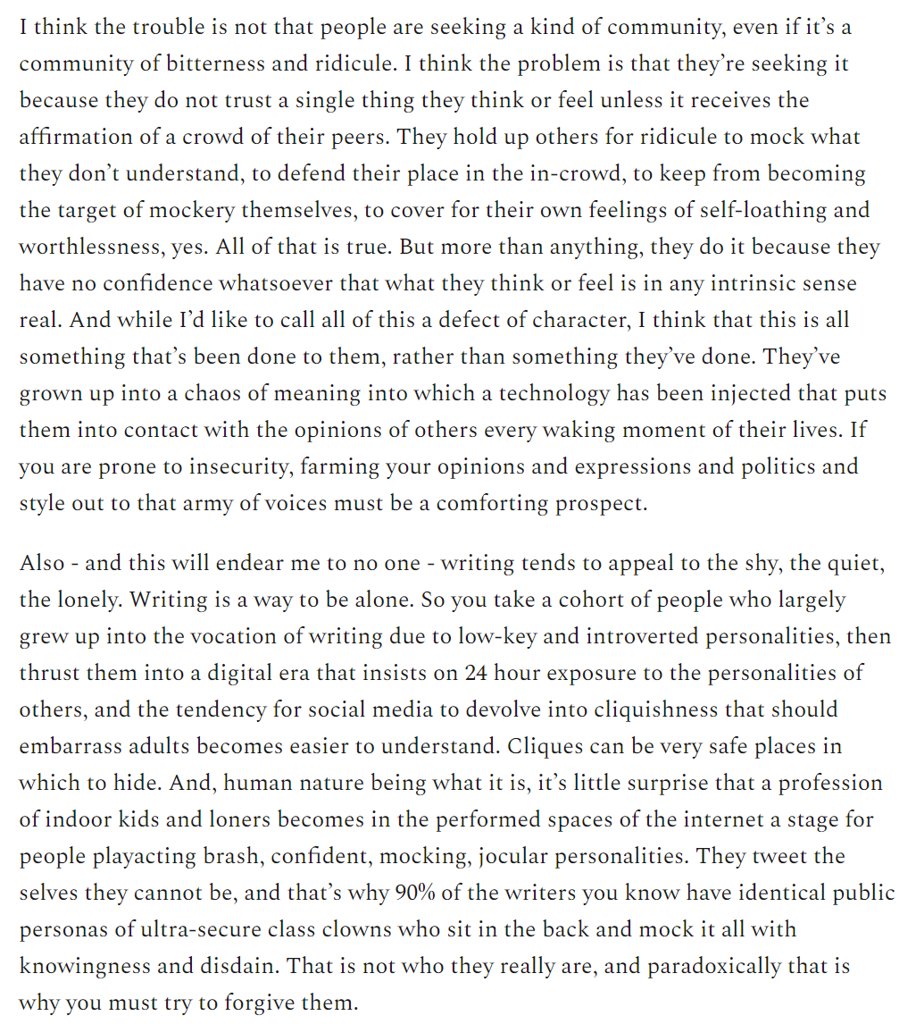 Great piece on twitter's "pile-on/mockery culture" problem by Freddie deBoer - whose substack is fast becoming a fave.

It's also something I think about a lot re my own use of twitter (given I fall into this trap, though hopefully less than I used to). 

freddiedeboer.substack.com/p/perhaps-you-…