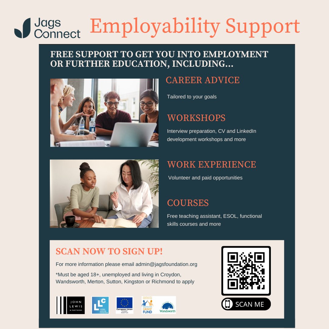 BLBroadGreen's tweet photo. FREE Employability Support Programme Jags Connect
Times are tough these days. See if you qualfy and sign up to get tailored support.
https://t.co/HFCKmbGAFq
Like & share.
#wandsworthgrantfund #employmentsupport #backintowork #jagsconnectemploymentsupport #jagsconnect https://t.co/guoPleixzt
