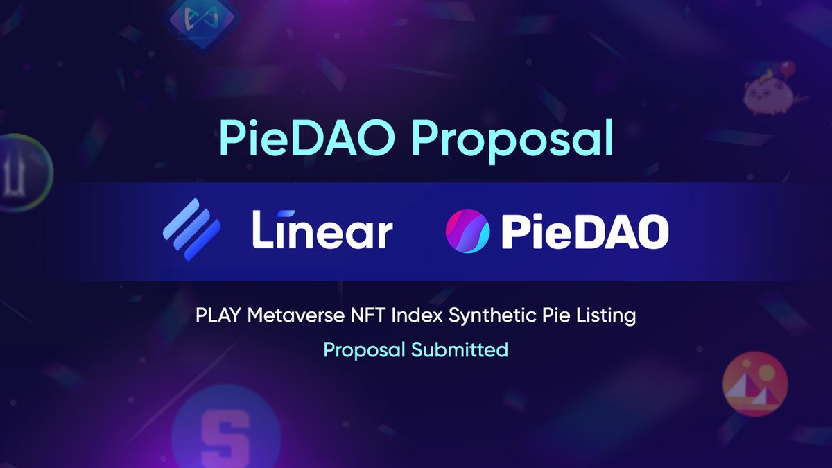 LinearFinance's tweet photo. We have submitted a proposal to @PieDAO_DeFi to strengthen our partnership and list a synthetic version of PieDAO’s PLAY #Metaverse #NFT Index on #LinearExchange! 

Details: https://t.co/zMjErSZEId

#LinearFinance #DeFi $LINA $LUSD https://t.co/ZoQ4Q0WISz