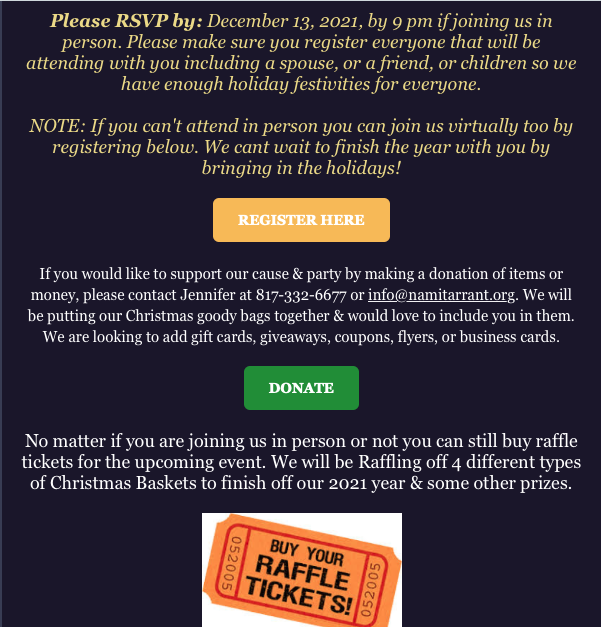 EXCITING NEWS! Our 2021 NAMITC Holiday Party is next Thursday December 16th. MUST RSVP to attend! Check out our latest email that went out conta.cc/3DFBZFv We are giving out goody bags if you are in Tarrant County &amp; would like to be included. #tarrantcares #holidays #nami